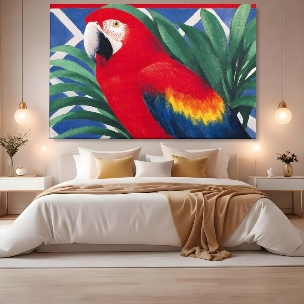 Tablou canvas cu tablou canvas cu papagal rosu, fara rama, pe sasiu de lemn, pe perete intr-un dormitor